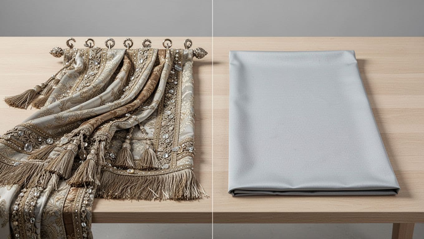 Side-by-side comparison on a light wooden table under soft lighting: luxurious ornate curtain with layers, fringes, and embellishments versus simple smooth flat curtain fabric, emphasizing texture differences.