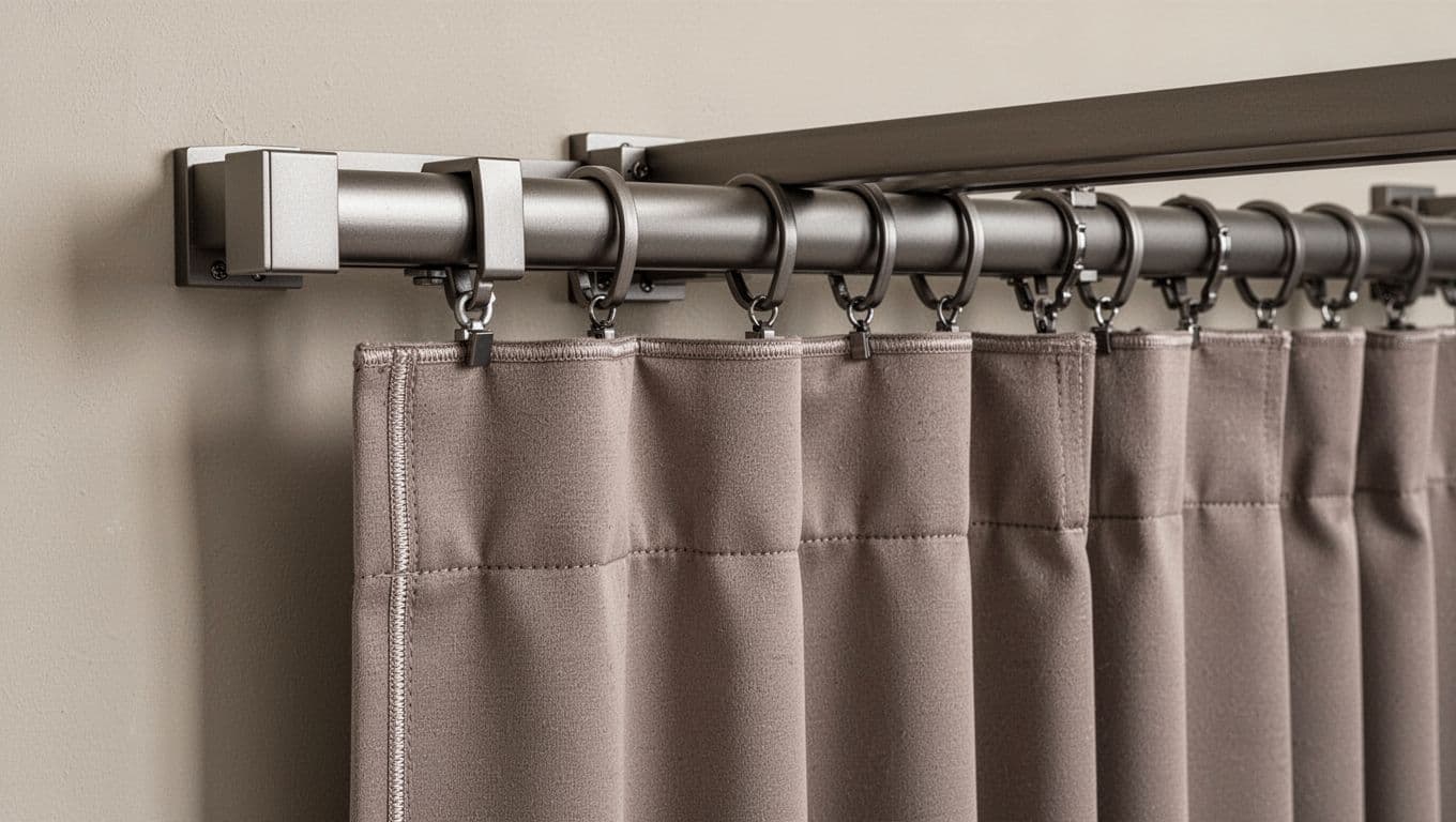 Hyper-detailed close-up of luxury curtain hardware and finishing details featuring smooth matte metal tracks, sliding hooks, weighted hems, and precise stitching on soft taupe fabric in a boutique showroom.