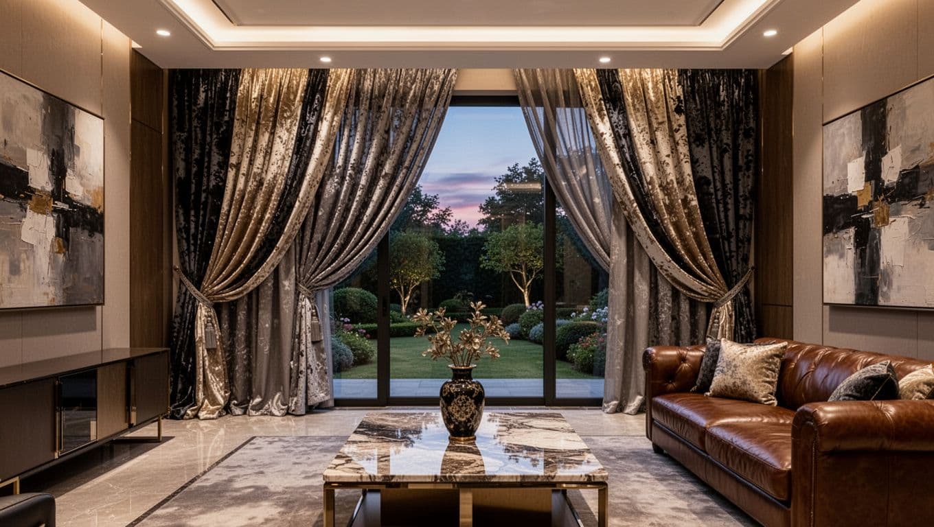 窗簾訂製預算表:入門到高規3種方案全指南 A photorealistic luxurious contemporary living room showcases floor-to-ceiling custom curtains from imported velvet and silk-blend fabrics with intricate textures and elegant pleats, partially drawn under warm lighting. It features a plush leather sofa, polished marble coffee table, abstract wall art, and a serene twilight garden view through large windows in a moody upscale atmosphere with no people.