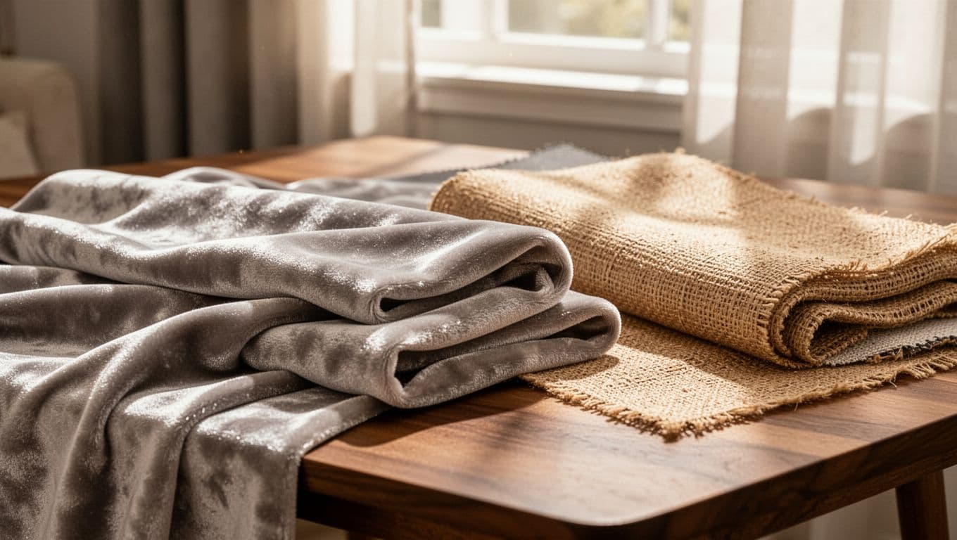 訂製窗簾高級感滿分:預算分配黃金比例 Close-up of thick velvet and natural linen curtain fabric samples on a wooden table, with velvet stacked to show drape and sheen, linen displaying weave and lightness, in a warm-toned luxurious home setting with shallow depth of field.