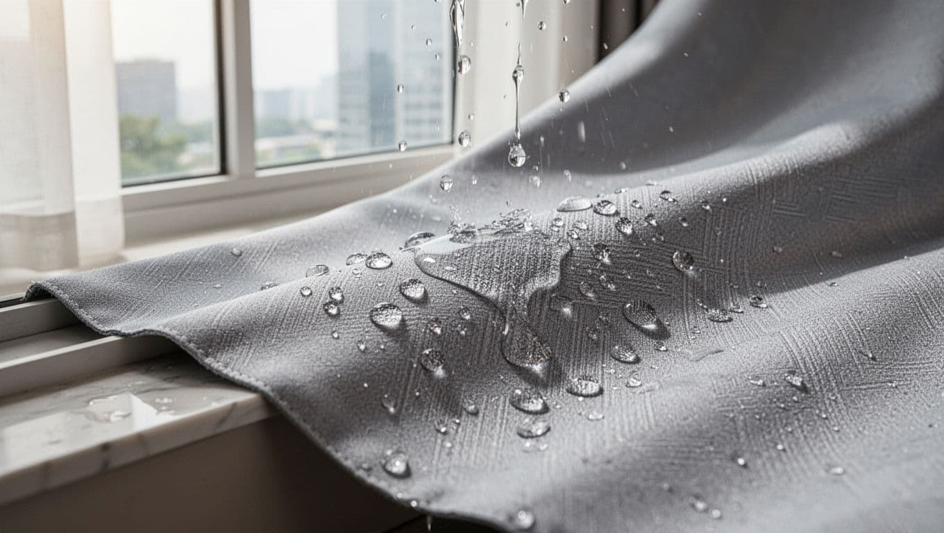 Close-up of high-end custom curtain fabric displaying advanced anti-mold antibacterial coating with smooth protective layer details and water beads rolling off to show waterproofing, against a bright modern living room window.