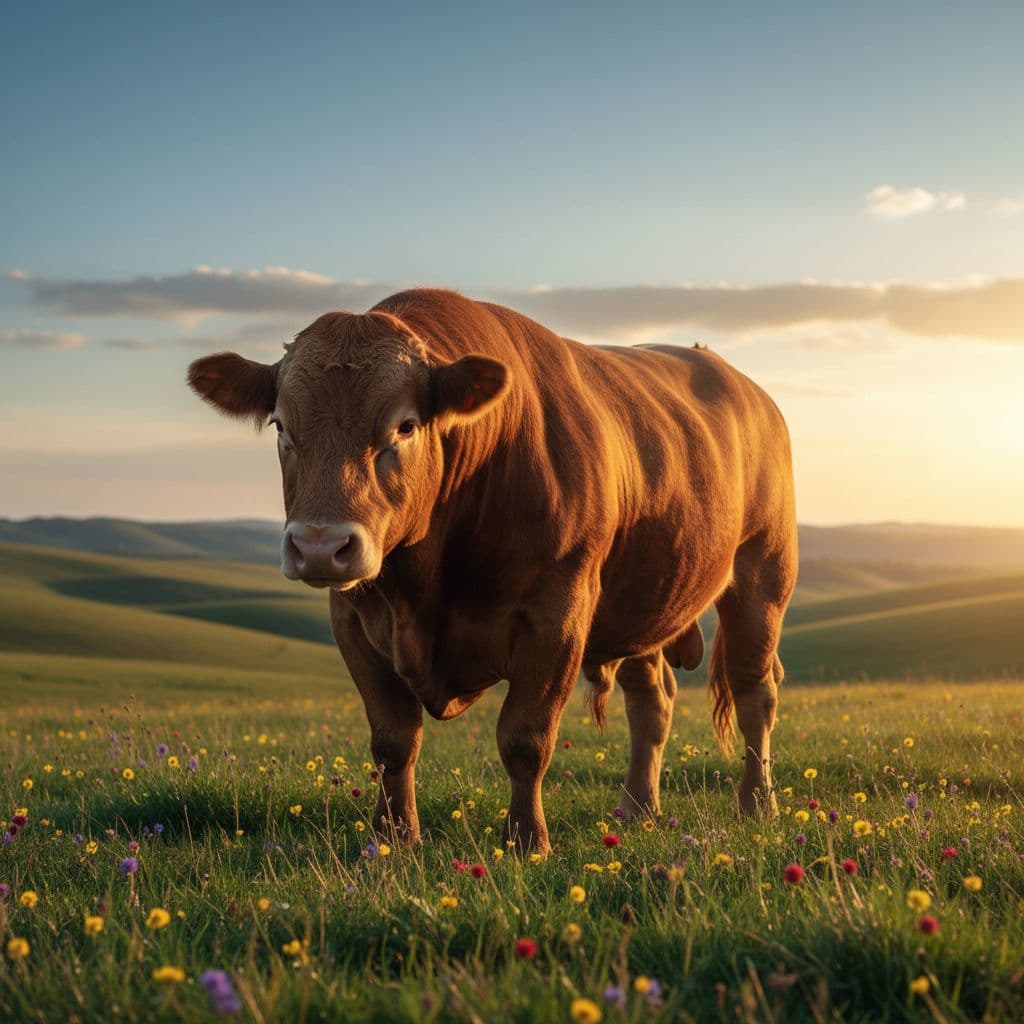 A serene landscape featuring a majestic bull standing firmly on green pastures under a clear blue sky