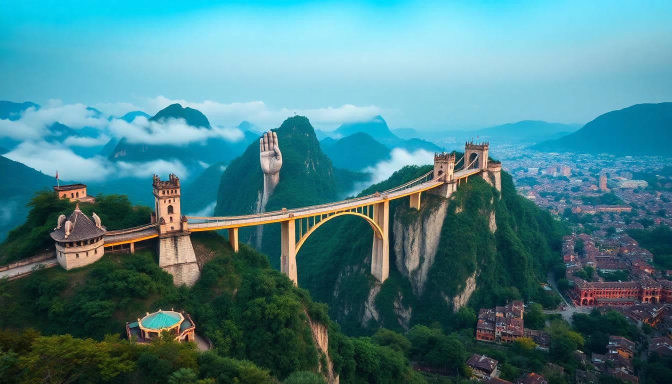 巴拿山與會安古城連景 AI 圖像