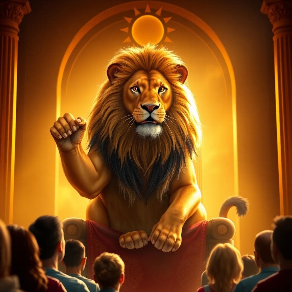 AI 生成圖:展現太陽獅子座的領導風格,獅子坐在王座上,光線柔和,周圍有跟隨者仰望的場景。