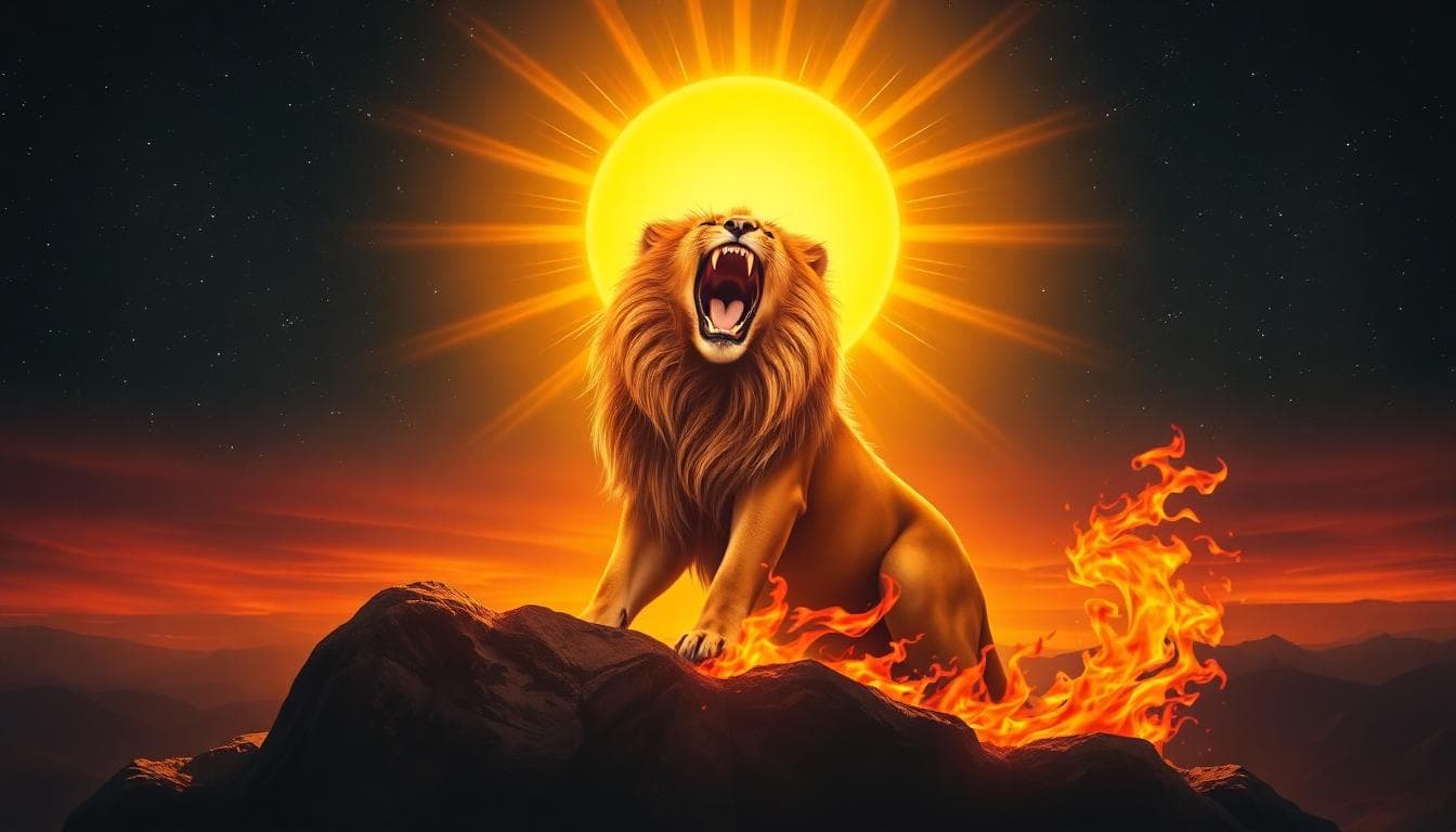 A majestic lion roaring proudly under a bright sun, surrounded by golden rays and vibrant flames, symbolizing Leo's passionate and charismatic personality, in a dramatic and energetic style, high detail, warm colors. The background features a starry night sky fading into dawn, with the lion in the foreground on a rocky outcrop.