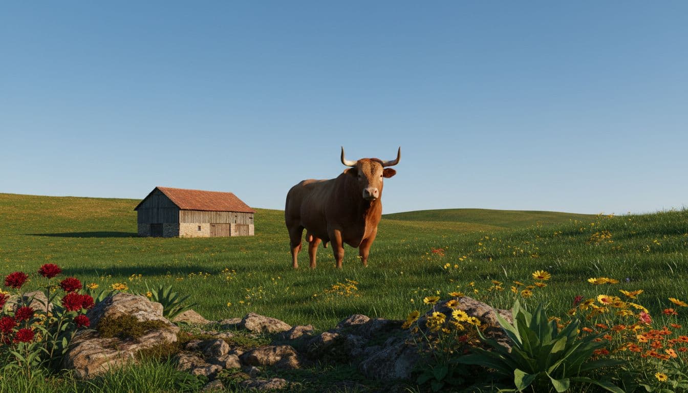 A serene landscape featuring a majestic bull standing firmly on lush green fields under a clear blue sky, symbolizing stability and persistence