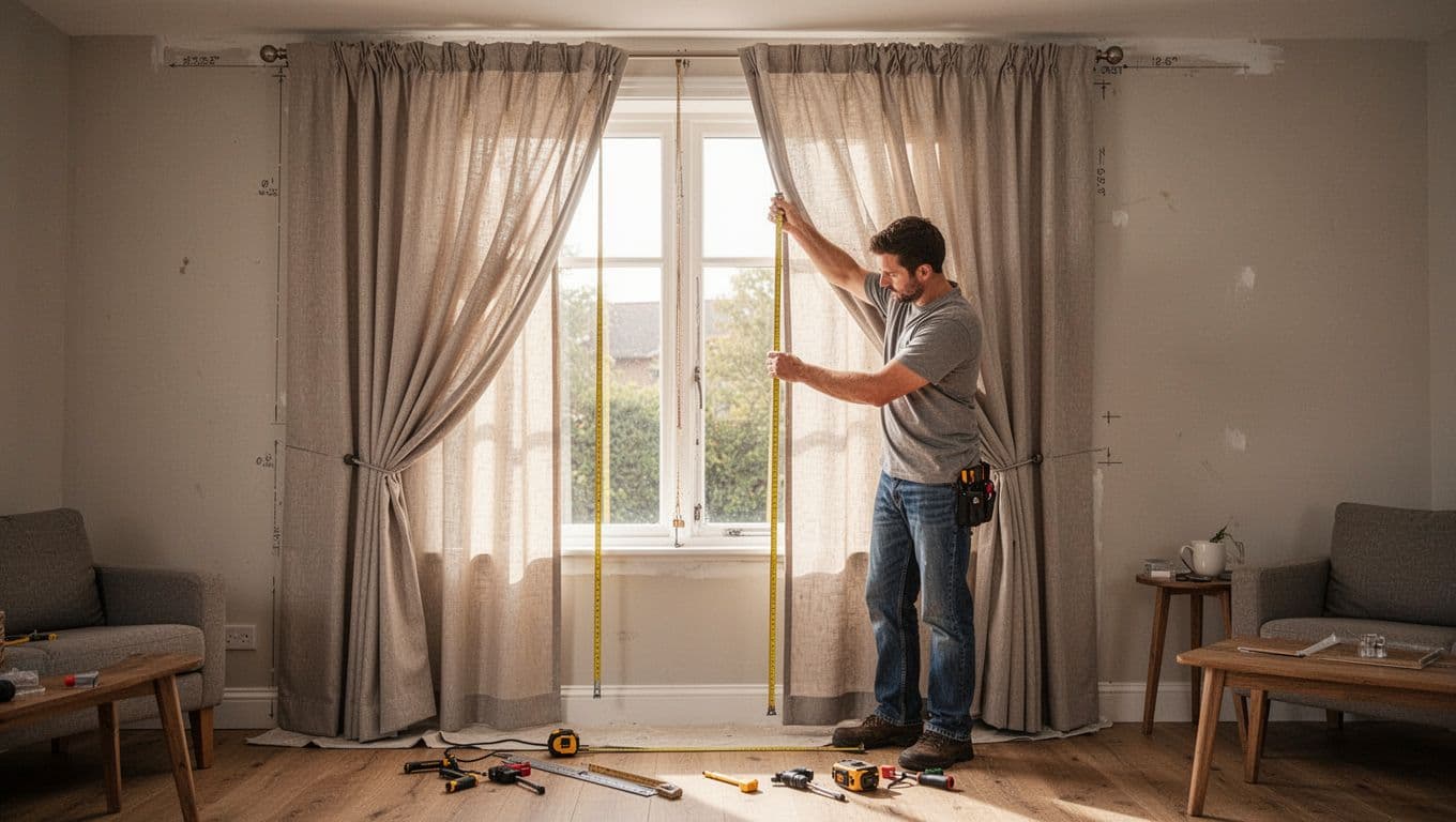 A homeowner in casual clothes checks a newly installed custom curtain in a realistic living room, measuring with a tape measure, testing the cord for smooth operation, verifying symmetry, and inspecting fabric edges under soft natural light.