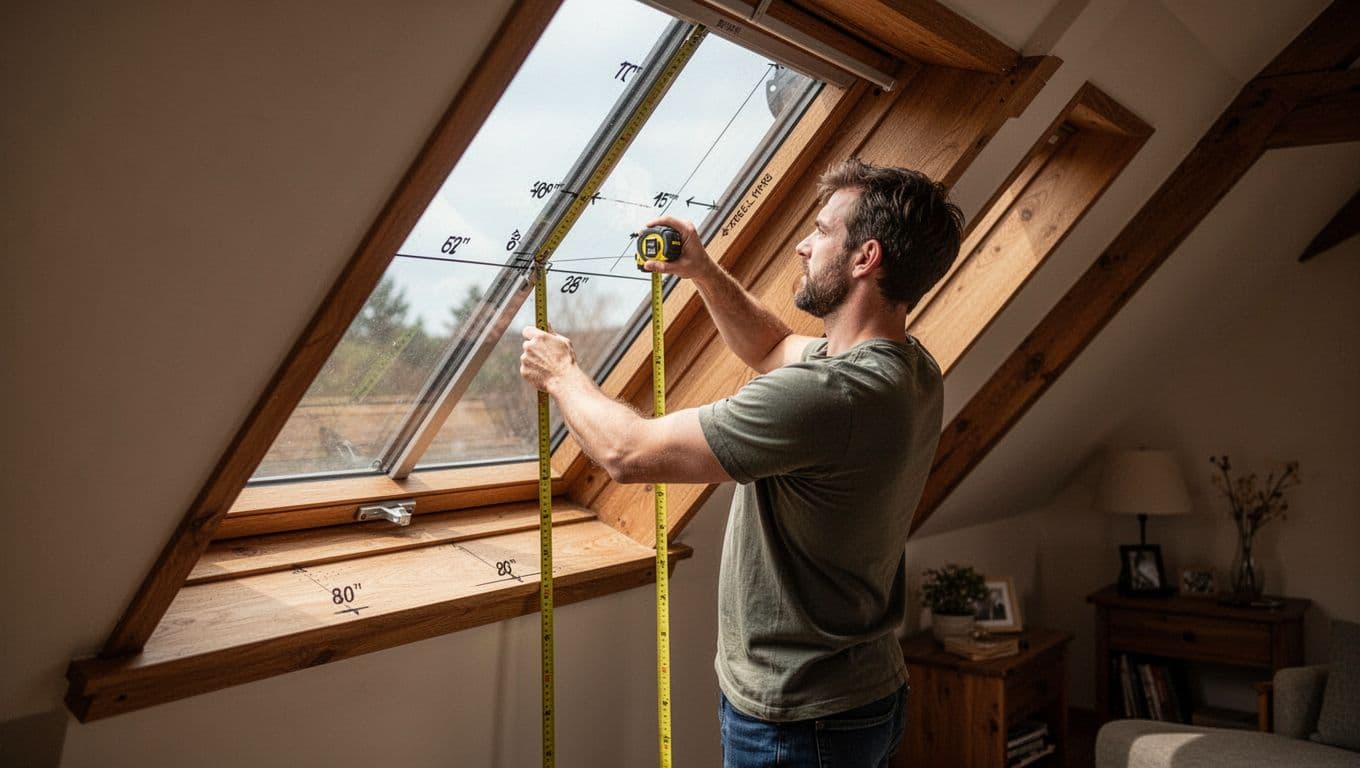 訂製窗簾不想花冤枉錢,報價前要先準備什麼 A man uses a tape measure to precisely segment and mark the height of a slanted attic-style window from sill to sloped ceiling, in a realistic indoor scene with wooden frames and soft lighting.