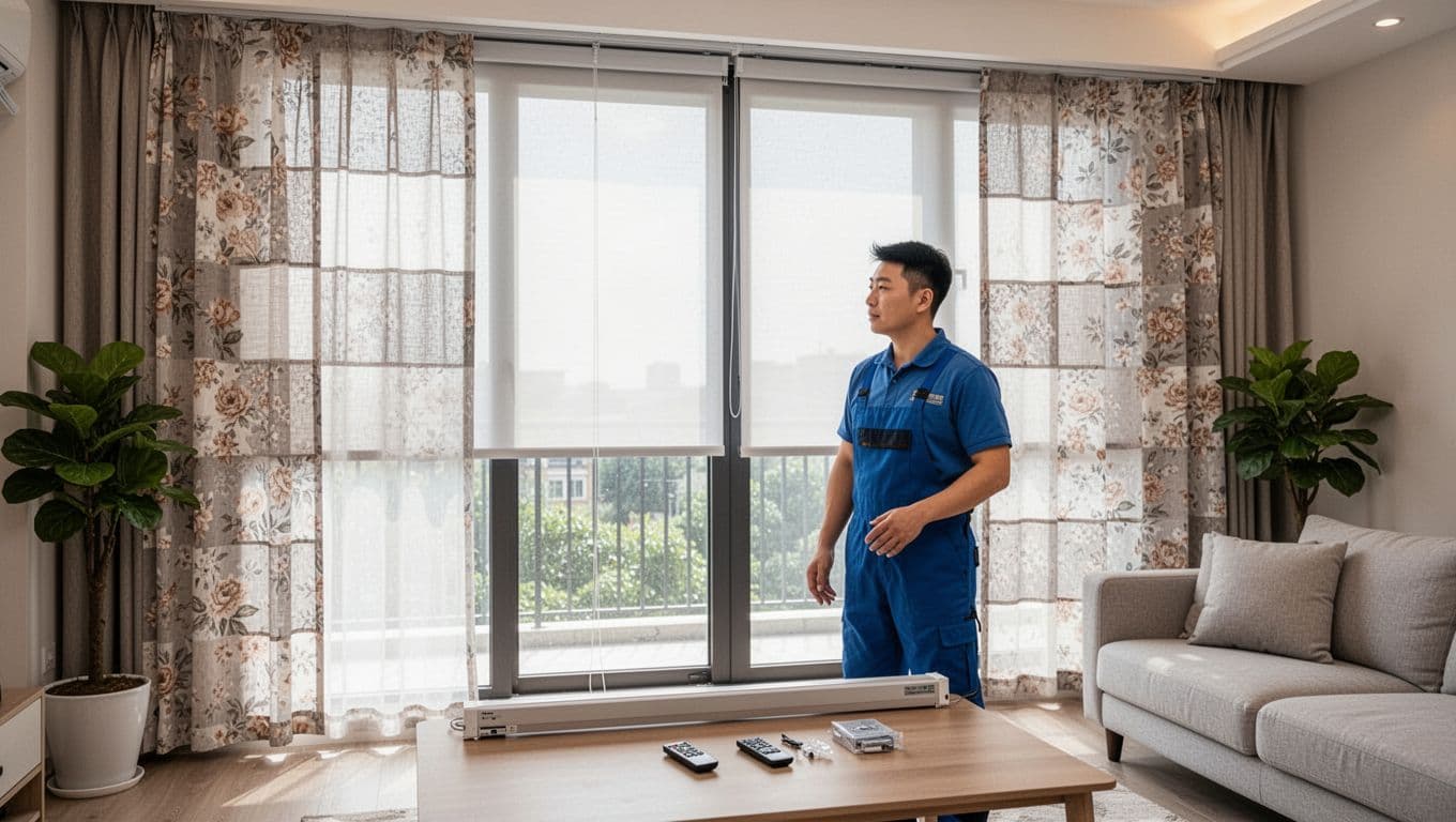 In a modern living room with large floor-to-ceiling windows, a single master installer positions double-layer electric curtains—inner blackout and outer breathable patterned fabric—in a half-open state, with electric tracks and remote on the table. Soft natural light illuminates the bright, warm space featuring a sofa and plants in the background, in realistic high-detail style.