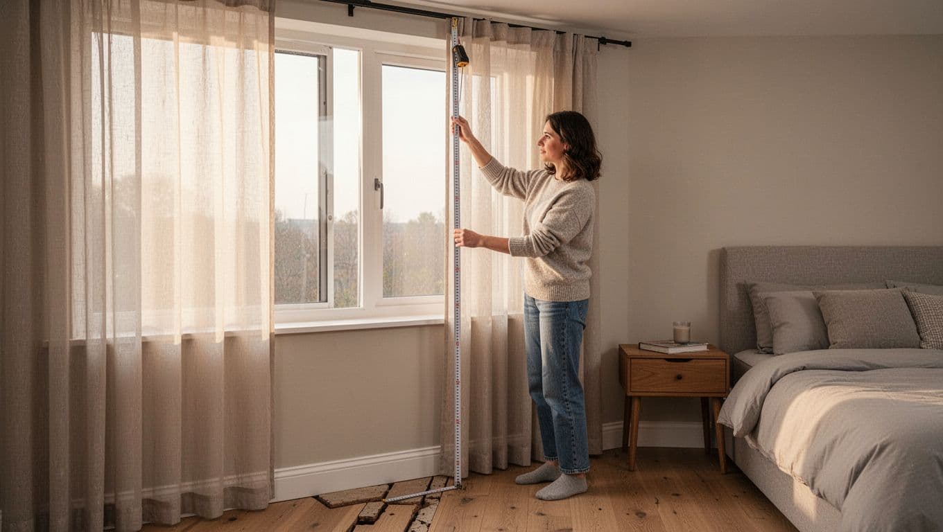 Photorealistic scene in a cozy modern bedroom of one person measuring curtain height vertically from the ceiling track down to the floor near a window, with a straight tape measure held by two hands.