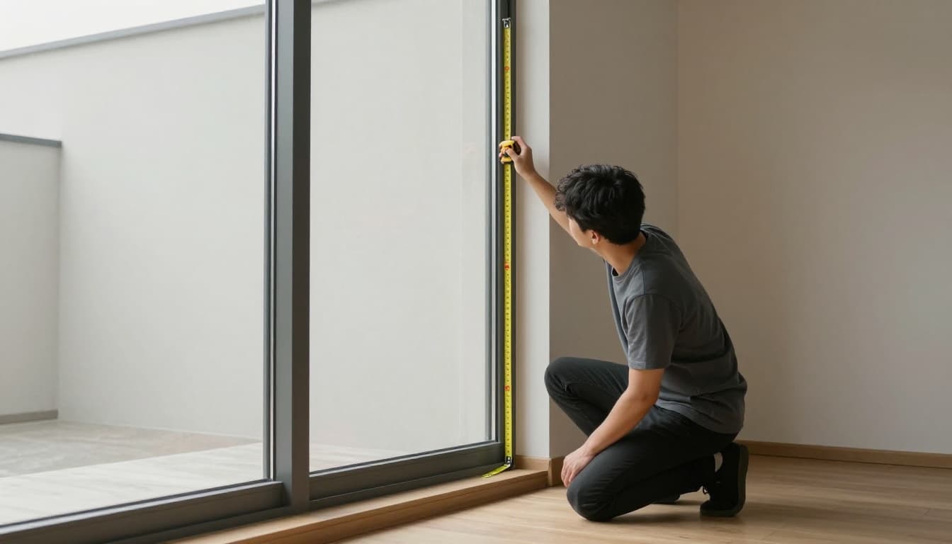 大面窗訂製窗簾怎麼估價?先抓寬高面積數字 Photorealistic image of one person kneeling to measure a tall floor-to-ceiling window in a contemporary home interior using a measuring tape from the top frame down past the floor level. Bright even lighting highlights detailed textures on glass, frame, wooden floor, and plain wall for a cozy mood.