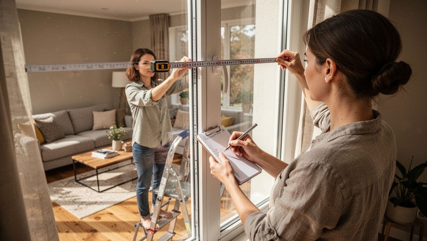 訂製窗簾高級感滿分:預算分配黃金比例 A person on a ladder measures a living room window for custom curtains using a tape measure and notepad in a modern home with natural light.