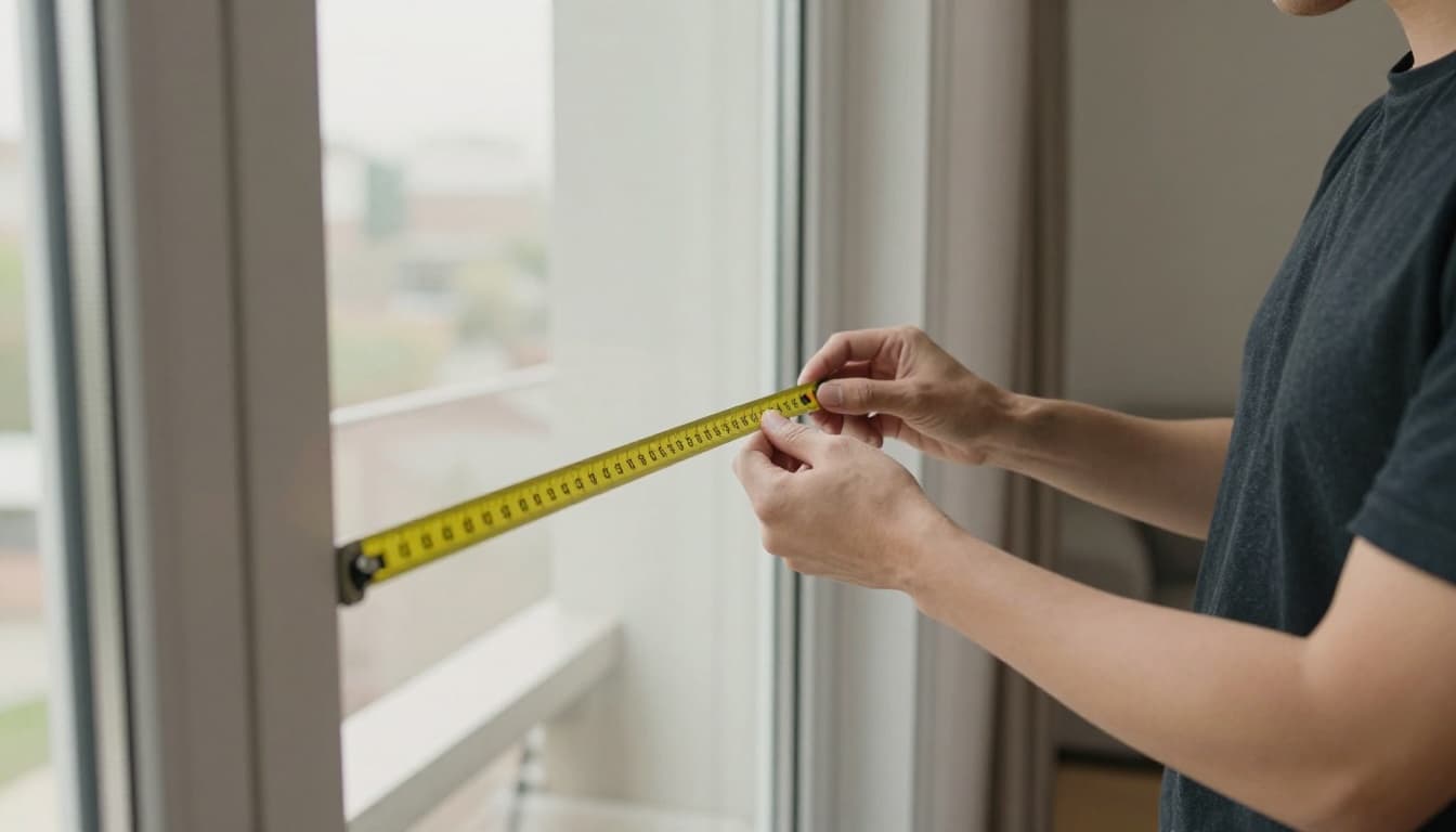 大面窗訂製窗簾怎麼估價?先抓寬高面積數字 Photorealistic image of one person in a bright modern living room holding a measuring tape to demonstrate inner mount measurement inside a floor-to-ceiling window frame and outer mount extending 5-10 cm beyond on the wall for curtain installation.