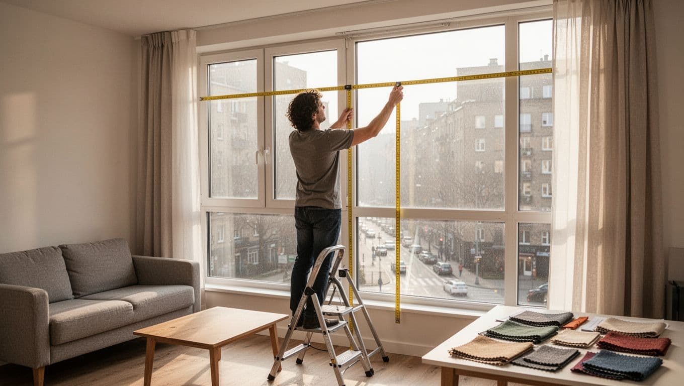 Photorealistic image of a person on a stepladder in a modern low-floor apartment living room, accurately measuring a large window for curtains with a tape measure. Natural daylight illuminates the clean space with minimal furniture and a faint urban view through the bare window.