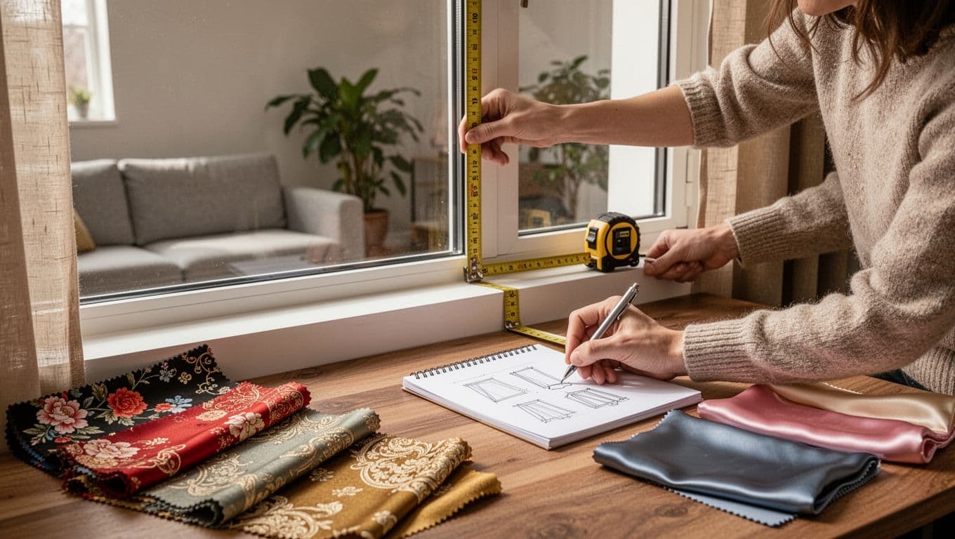 Photorealistic scene of a person in a cozy modern living room measuring a large window with a tape measure, surrounded by diverse fabric swatches like Chinese floral, European jacquard, and Taiwanese silk on a wooden table, while sketching curtain ideas on a notepad.