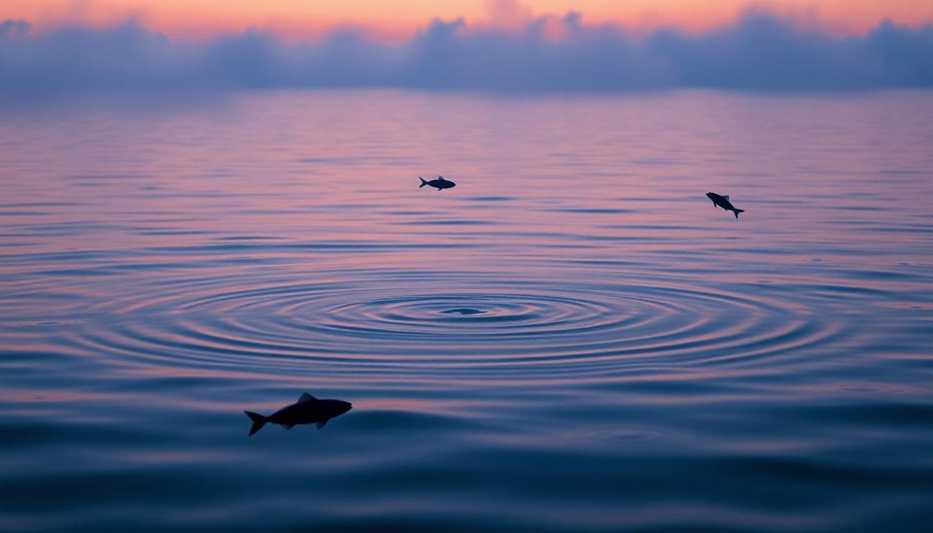雙魚座分手後的情感漣漪,描繪黃昏時分的寧靜海洋,輕柔漣漪擴散,水面有兩條魚游向相反方向,背景霧氣瀰漫,紫藍色調營造敏感內省氛圍。圖片由AI生成。