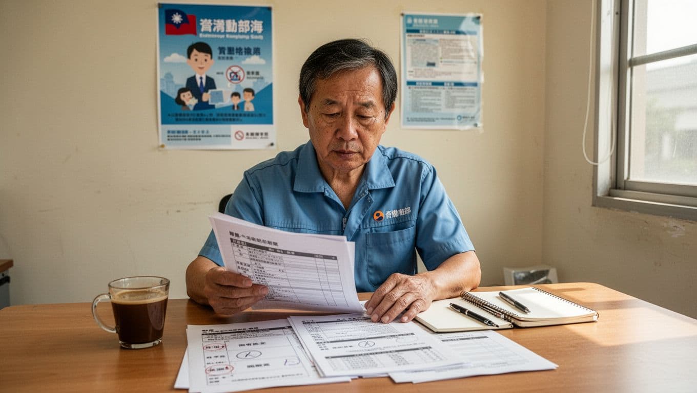 一位中年清潔工人在簡樸辦公室桌前坐著，專注閱讀文件堆疊，桌上放咖啡杯和筆記本，前景文件有簡單資格清單標記，背景淺牆掛台灣勞動部海報，柔和光線灑入，寫實溫暖風格。