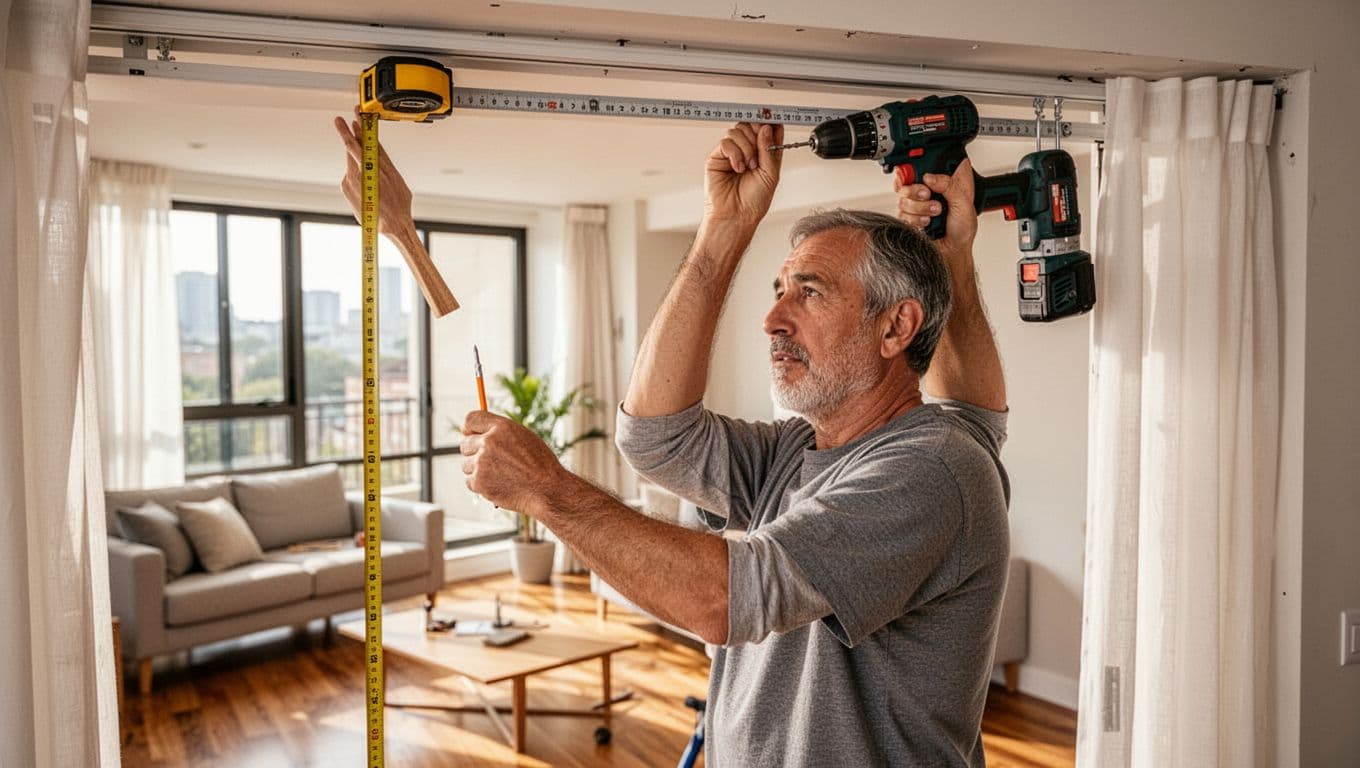 A middle-aged man in a bright modern living room DIY installs curtain tracks using simple tools like tape measure, pencil, electric drill, and screwdriver. Foreground shows him securing the track above the window frame, with background featuring large windows, sofa, and wooden floors under natural daylight in a warm comfortable atmosphere.