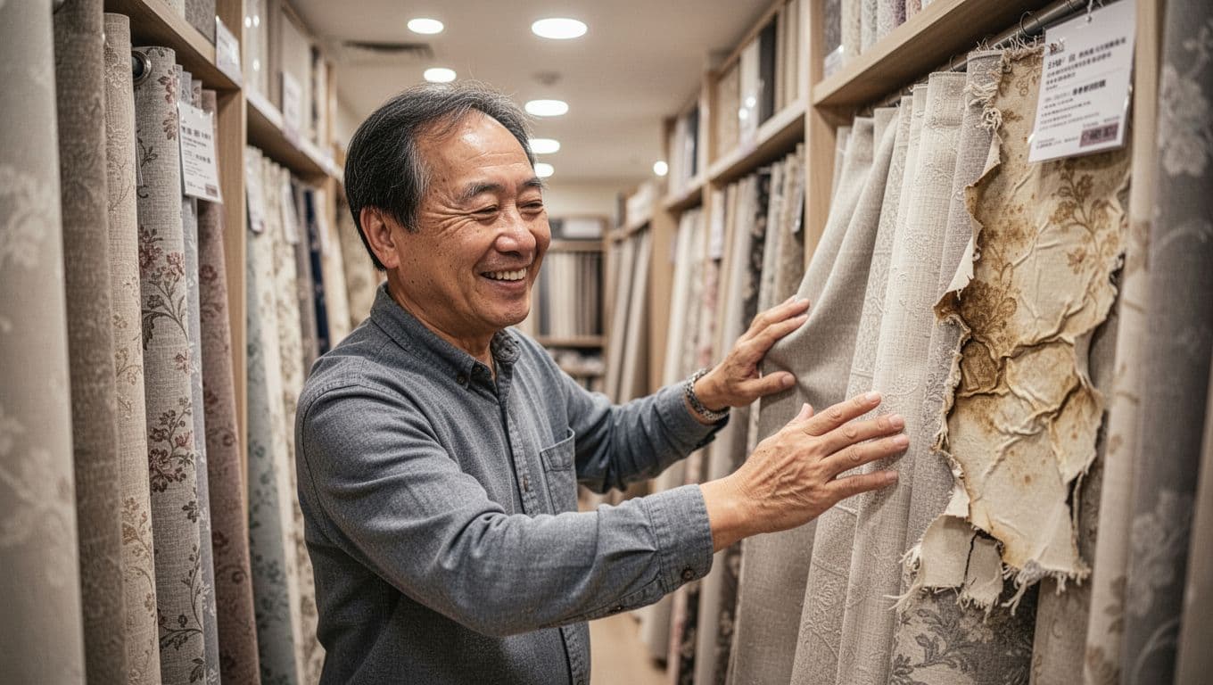 A middle-aged man in a brightly lit custom curtain store gently strokes fabric with an innocent smile, focusing only on its hand feel while ignoring a nearby faded and wrinkled bad sample. The realistic scene features diverse fabric racks in the blurred background, creating a warm shopping atmosphere.