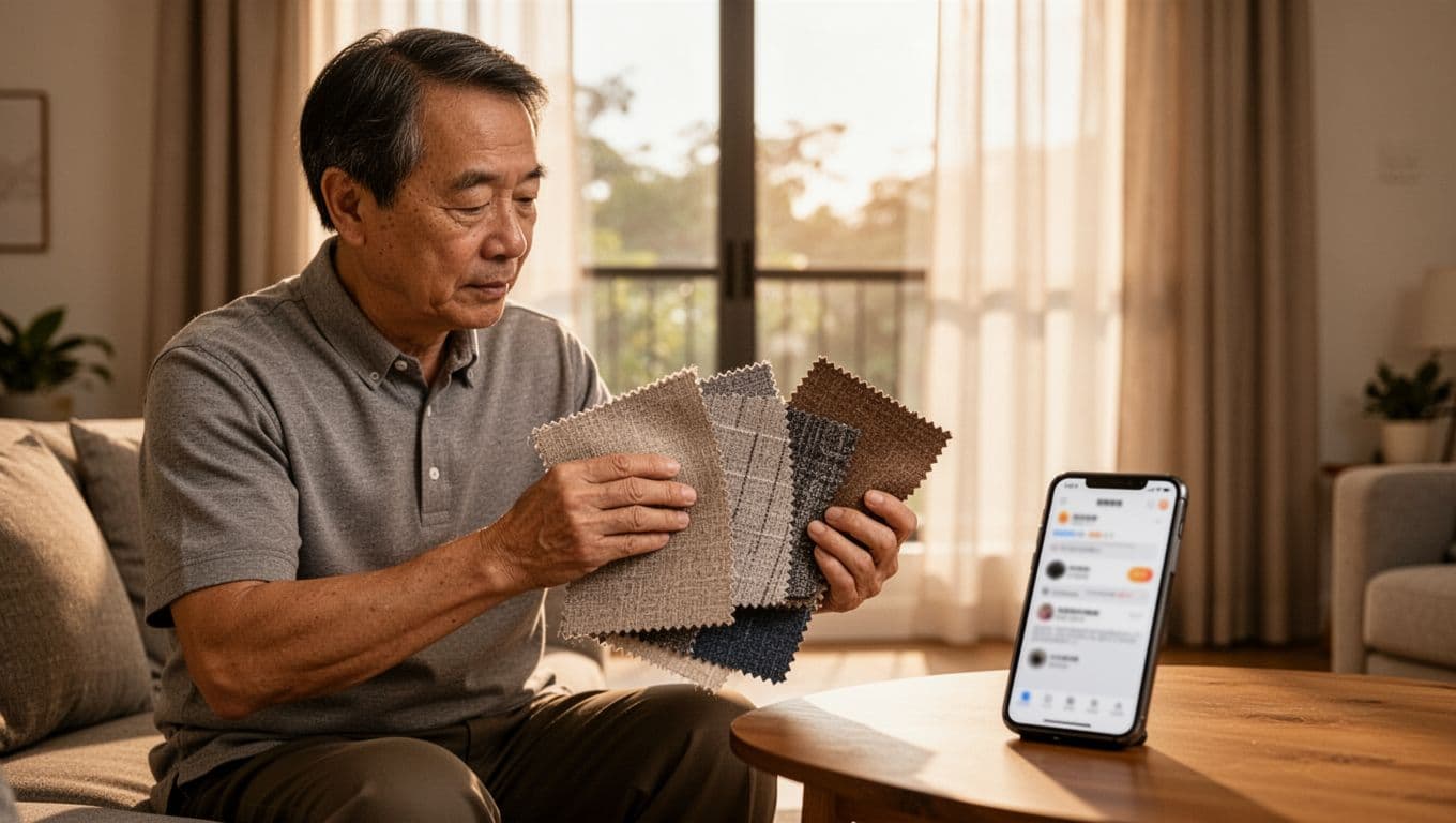 A middle-aged man in a cozy home living room holds three different curtain fabric samples, carefully inspecting their texture and color. A phone on the nearby table shows a blurred review page, with floor-to-ceiling windows displaying installed curtains under warm natural light.