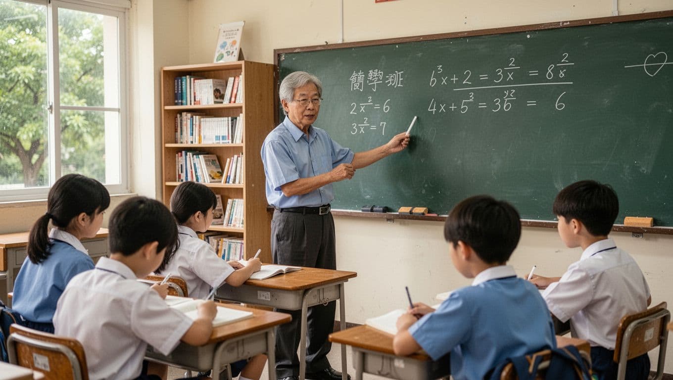 A middle-aged tutor holds chalk while writing math formulas on the blackboard in a bright, warm classroom, with four to five attentive students listening intently. The background features bookshelves, desks, and green trees outside the window, creating a busy yet professional atmosphere in realistic style with high detail.
