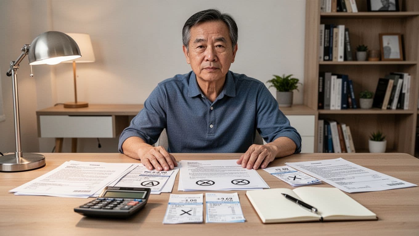勞保投保薪資怎麼抓才合理:兼職族薪資不穩的實務計算與建議 A middle-aged part-time worker sits at a tidy home desk with multiple contracts and pay slips from various employers, totaling hourly and gig income using a calculator and notebook with symbolic notations only. The simple study room features soft lighting, professional realistic style, no text or extra elements.