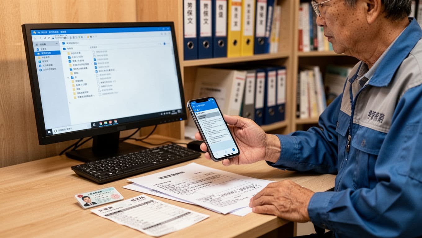 A middle-aged Taiwanese cleaning worker uses a smartphone to scan documents on a desk, with an ID card and tax bill laid flat. A computer displays digital file folders, and a bookshelf in the background holds a labor insurance folder, under soft indoor lighting in a realistic warm atmosphere.