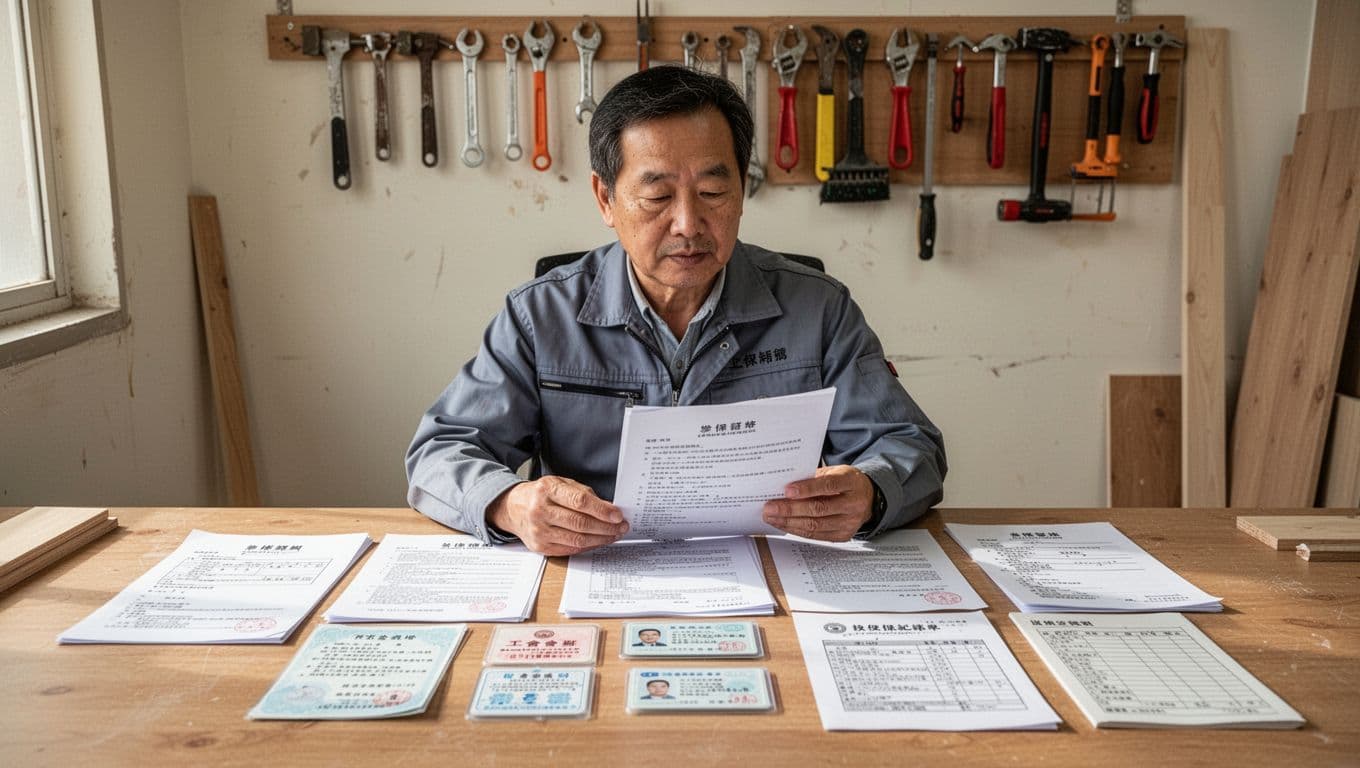 裝潢工、臨時工勞保工作證明怎麼準備?完整文件與步驟指南 一位中年台灣裝潢工人坐在辦公桌前,桌上整齊擺放勞保相關文件,包括工作證明、合約影本、工會會員證、身份證和投保紀錄單,右手輕握文件瀏覽,背景是簡樸工作室牆上掛工具,專業認真氛圍。