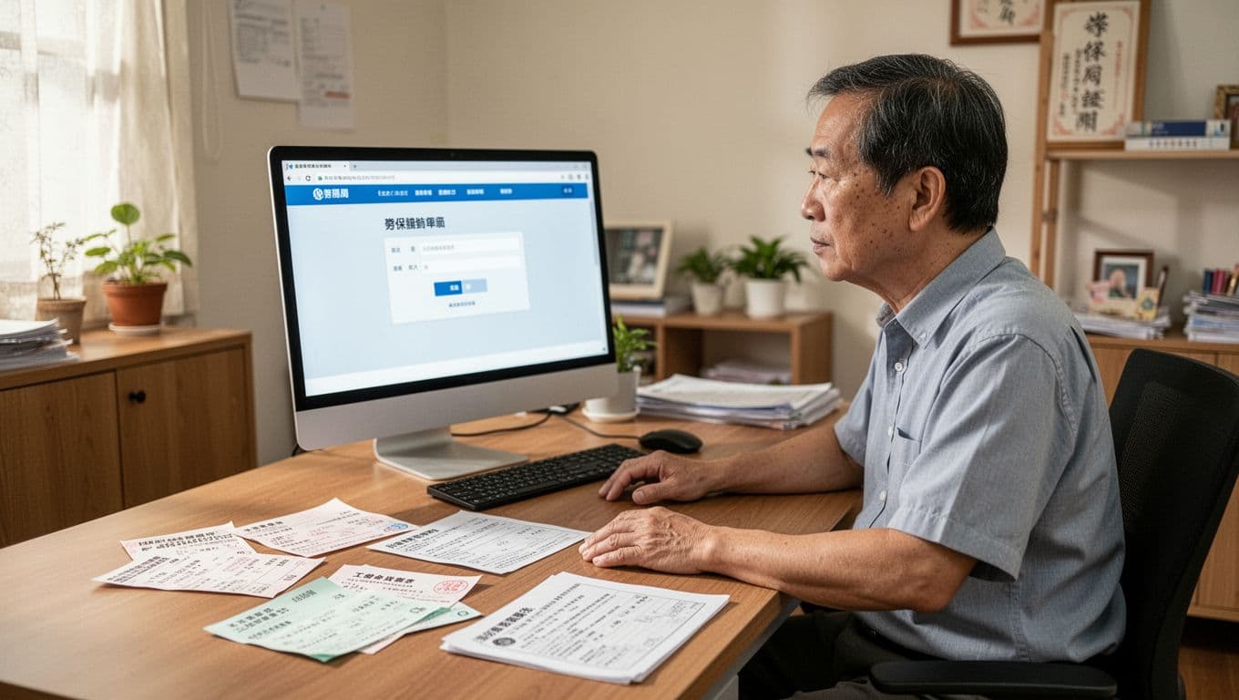 工會加保期間必留證明清單:一份搞定所有查核 A middle-aged Taiwanese man sits at a simple home office desk with labor insurance payment receipts, medical diagnosis proof, union membership card copy, and birth certificate scattered around, while his computer screen shows an abstract Labor Insurance Bureau benefits application interface under soft natural light.