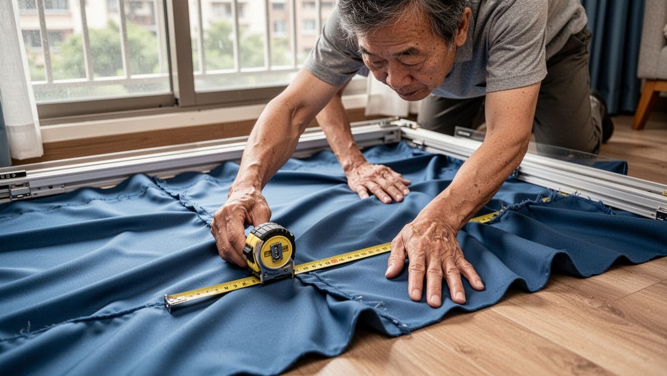 訂製窗簾報價要不要含到貨檢查?品質確認全指南 A middle-aged Taiwanese man spreads custom blue curtains flat on his home balcony or living room floor, precisely measuring length and width with a tape measure while checking track compatibility in bright natural light.