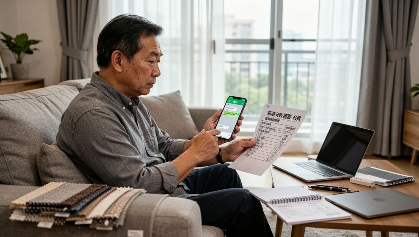 A middle-aged Taiwanese man sits on a comfortable living room sofa, using his phone's Line app to contact a curtain manufacturer while reviewing a detailed quotation list on the table beside him, surrounded by curtain samples.
