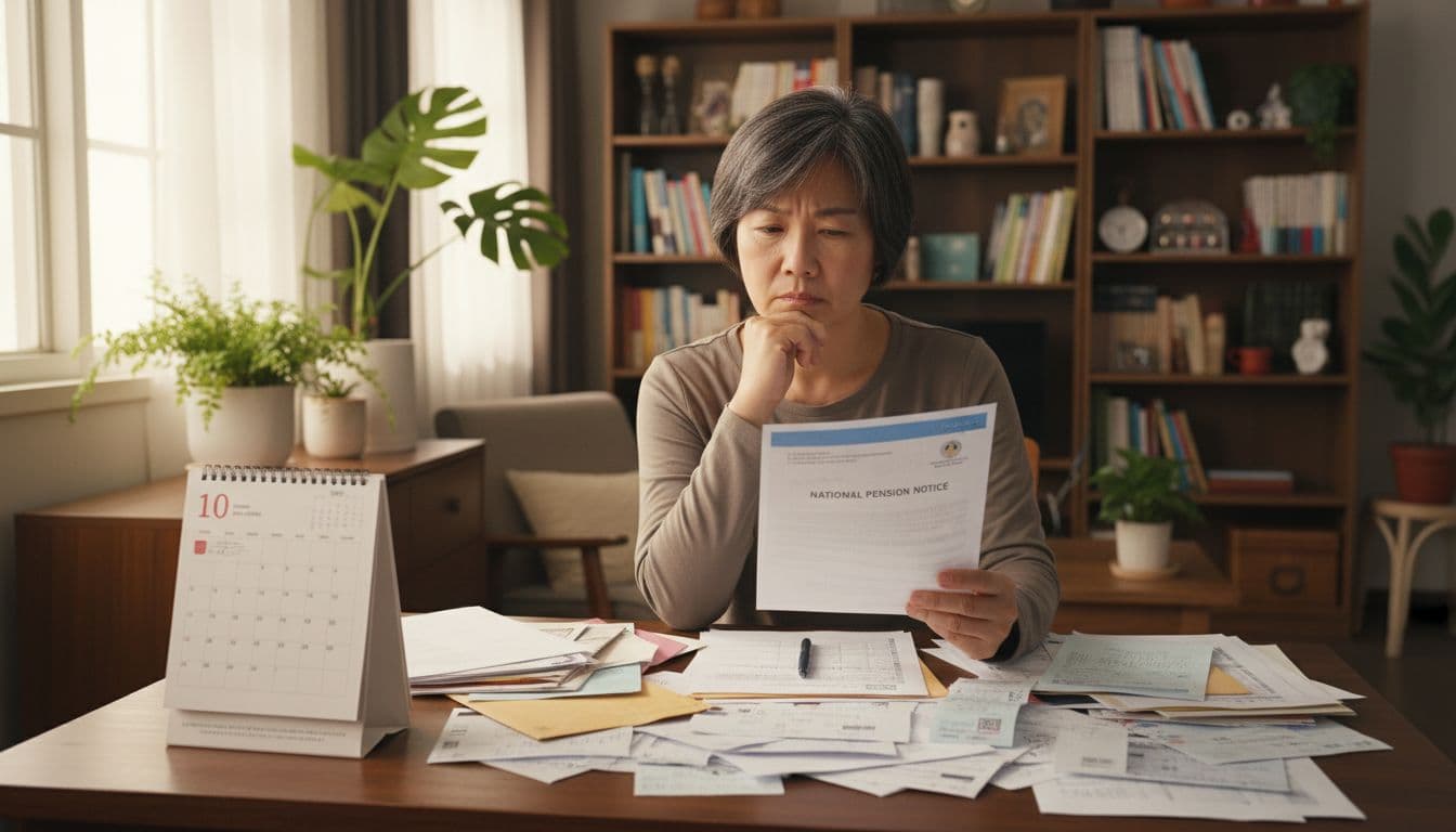 國民年金沒繳怎麼辦?對退休影響與補繳全指南 A realistic image of a middle-aged Taiwanese person sitting at a home desk cluttered with bills and a calendar, reading a national pension notice with a puzzled expression. Soft natural light from a window illuminates the cozy living room background with bookshelves and plants.