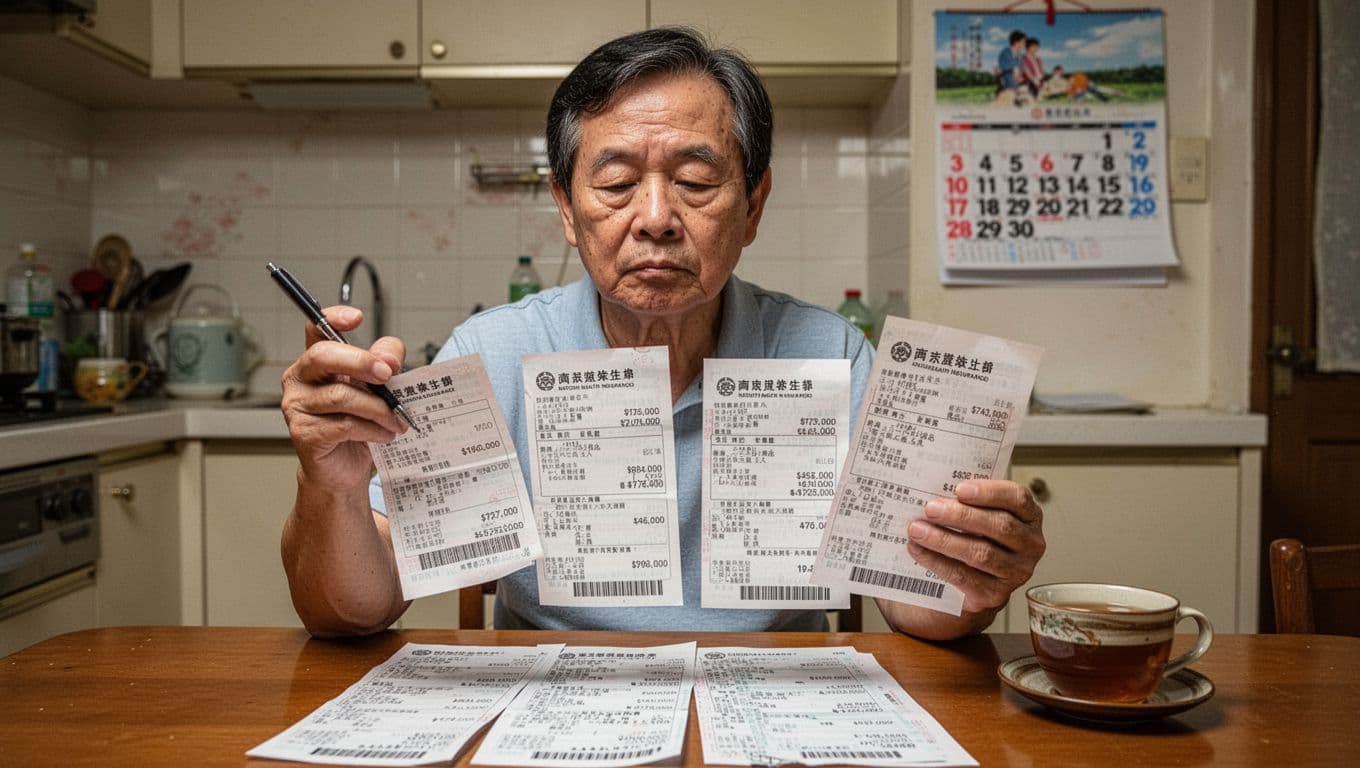 工會退保後健保身分怎麼變?3種接續方法一次搞定 A middle-aged Taiwanese person sits at a kitchen table, holding and checking dates on multiple national health insurance bills with a pen, showing a thoughtful expression. Warm home lighting illuminates the simple Taiwanese kitchen with a calendar on the wall and a tea cup nearby.