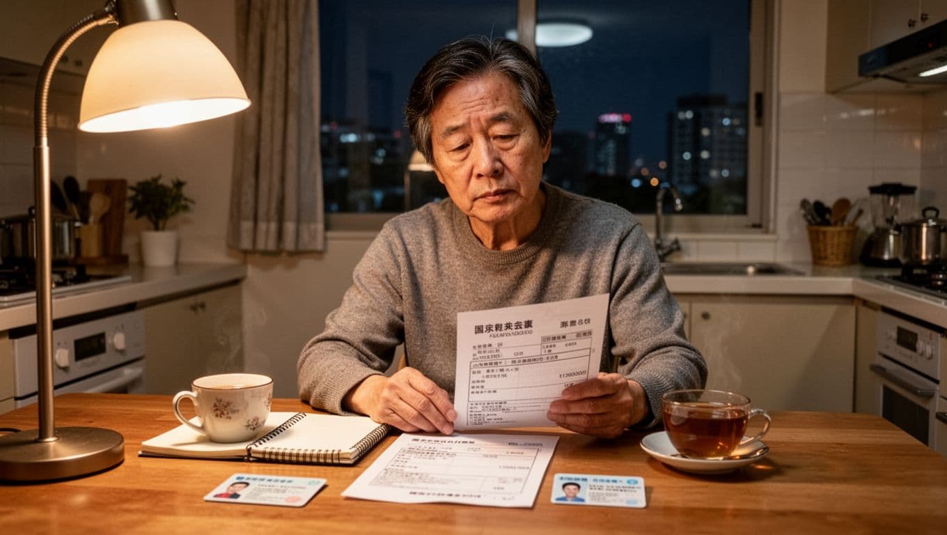 A middle-aged Taiwanese person sits at a home kitchen table under warm lamp light, thoughtfully reviewing a national pension payment notice and ID card beside a cup of tea and notebook, with a cozy apartment background showing a night city view.