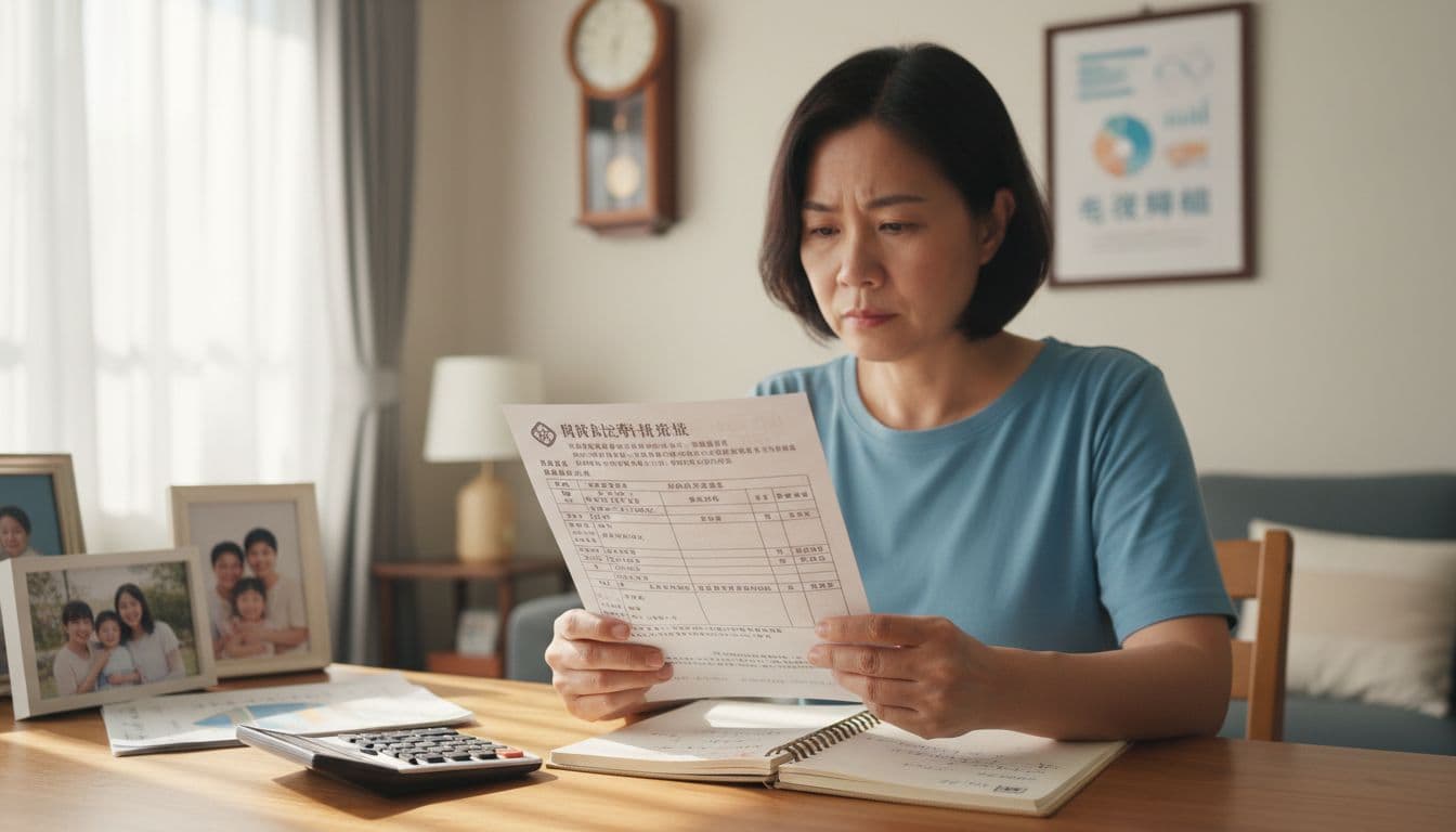 一位中年台灣人坐在明亮的居家書桌前，仔細查看國民年金補繳通知單，桌上散放著計算機、筆記本和家庭照片。