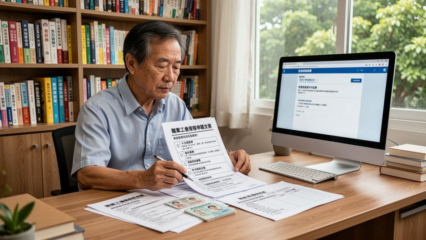 A middle-aged Taiwanese tutor at a comfortable home desk carefully reviews the occupational union insurance application checklist, including ID card, 1-inch photo, qualification certificates, and forms, with a computer screen showing labor insurance page, bookshelf of teaching books, and natural light from window with green trees.