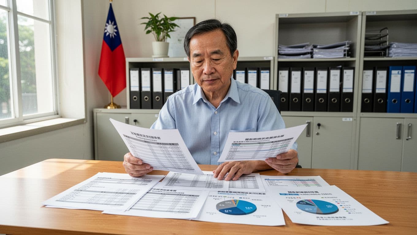 如何選低風險工會加保?三大風險比較一次看 A middle-aged Taiwanese union administrator sits at a clean wooden desk in a bright office, carefully reviewing printed annual financial reports and spreadsheets on transparent revenue from membership fees, with pie charts showing fee usage for insurance and operations, background featuring organized file cabinets and Taiwan flag.