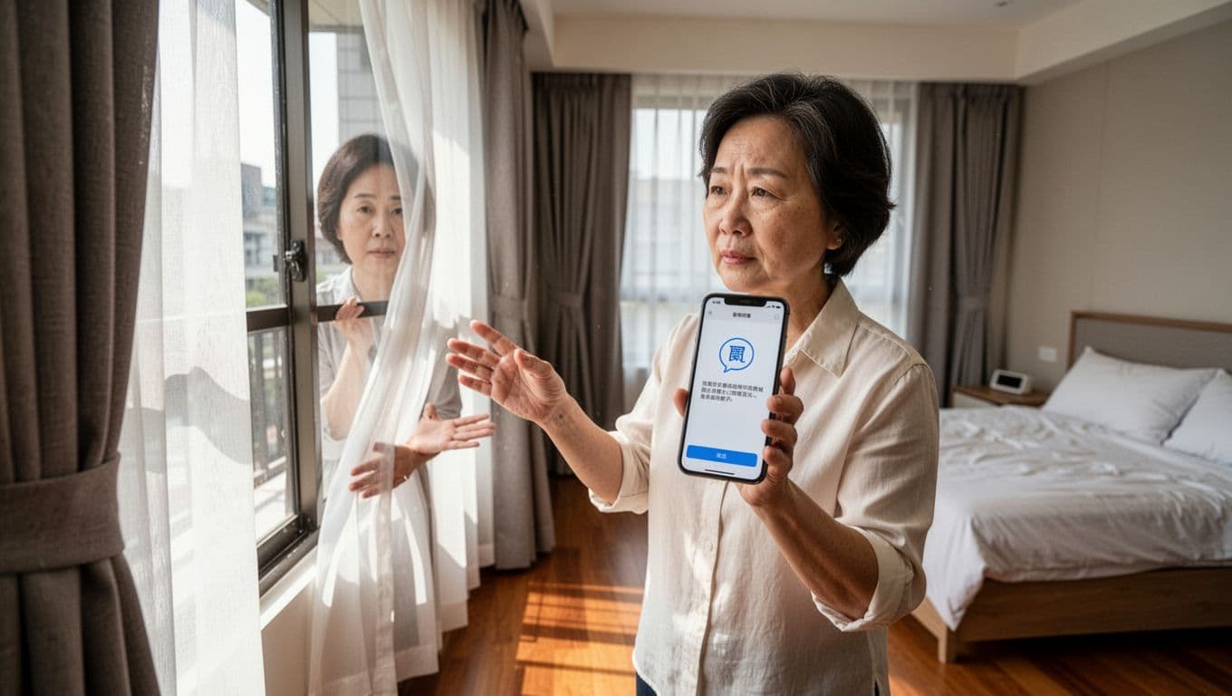 一位中年台灣女性屋主站在現代台灣臥室窗前，用右手握手機傳送書面變更確認訊息，顯示簡單確認圖示泡泡，無可讀文字。左手比劃窗簾位置。背景新裝訂製窗簾半開，柔和日光灑入，木地板和床鋪整潔。