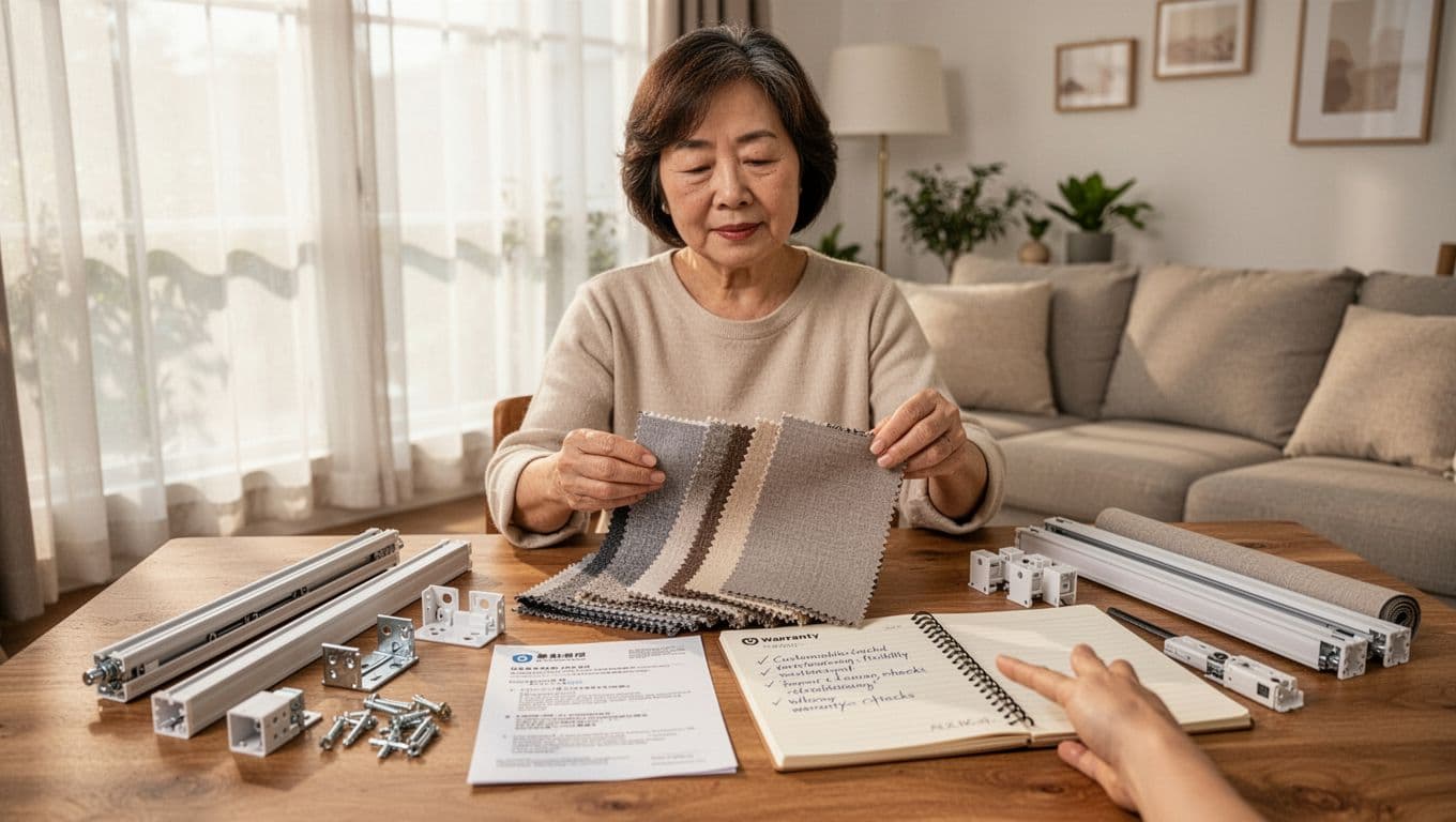 A middle-aged Taiwanese woman sits at a wooden table in a bright, cozy home living room, examining curtain fabric samples, installation tools, warranty documents, and customization notes under natural sunlight from large windows.