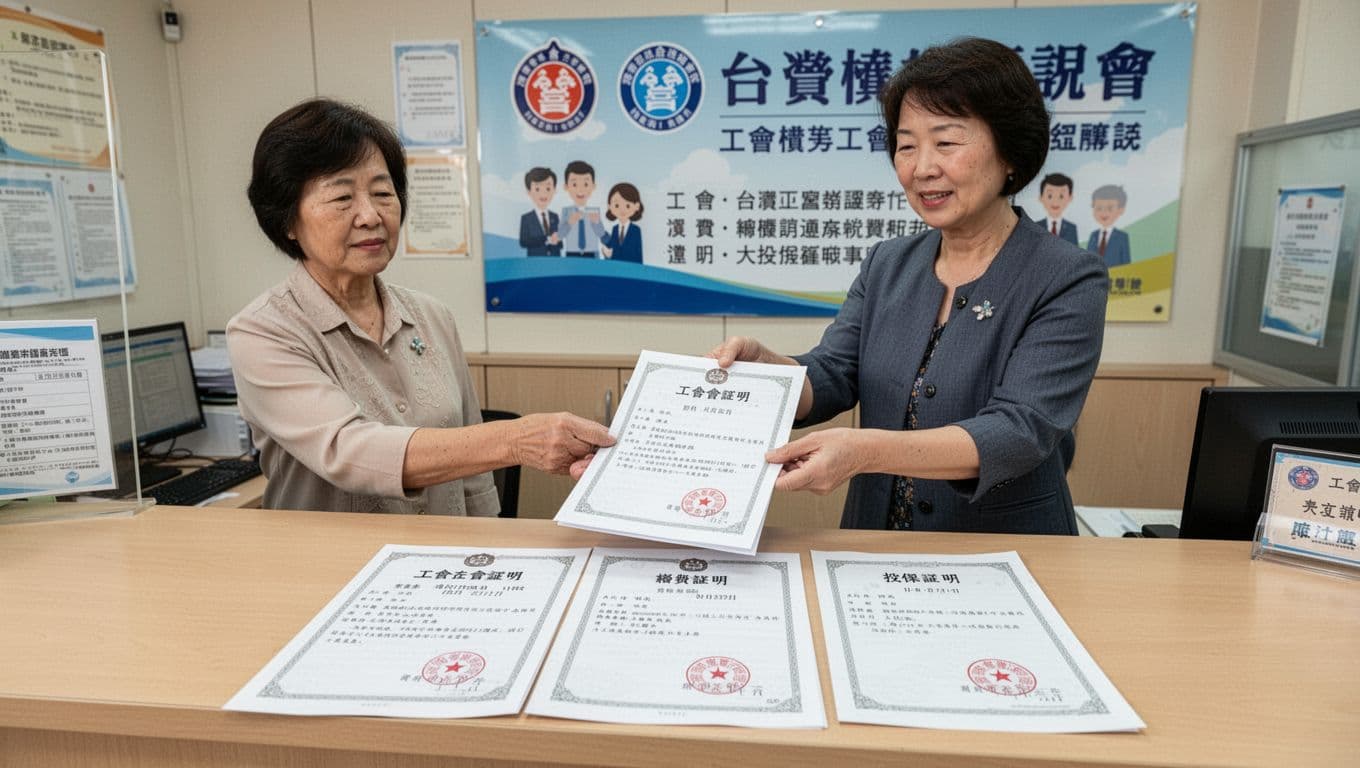 工會加保期間必留證明清單:一份搞定所有查核 A middle-aged Taiwanese woman at a union office counter receives three proof documents—membership, payment, and insurance—with seals and date boxes on the counter, in a professional atmosphere with natural indoor light and union posters.