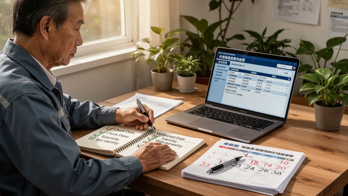 工會退保後勞保空窗怎麼補?4種可行選項完整整理 A photorealistic image of a middle-aged Taiwanese worker in a home office, focused at a wooden desk with an open checklist notebook for verifying dates and identities, a calendar marked with withdrawal dates, and a laptop showing labor insurance records, in soft morning light.