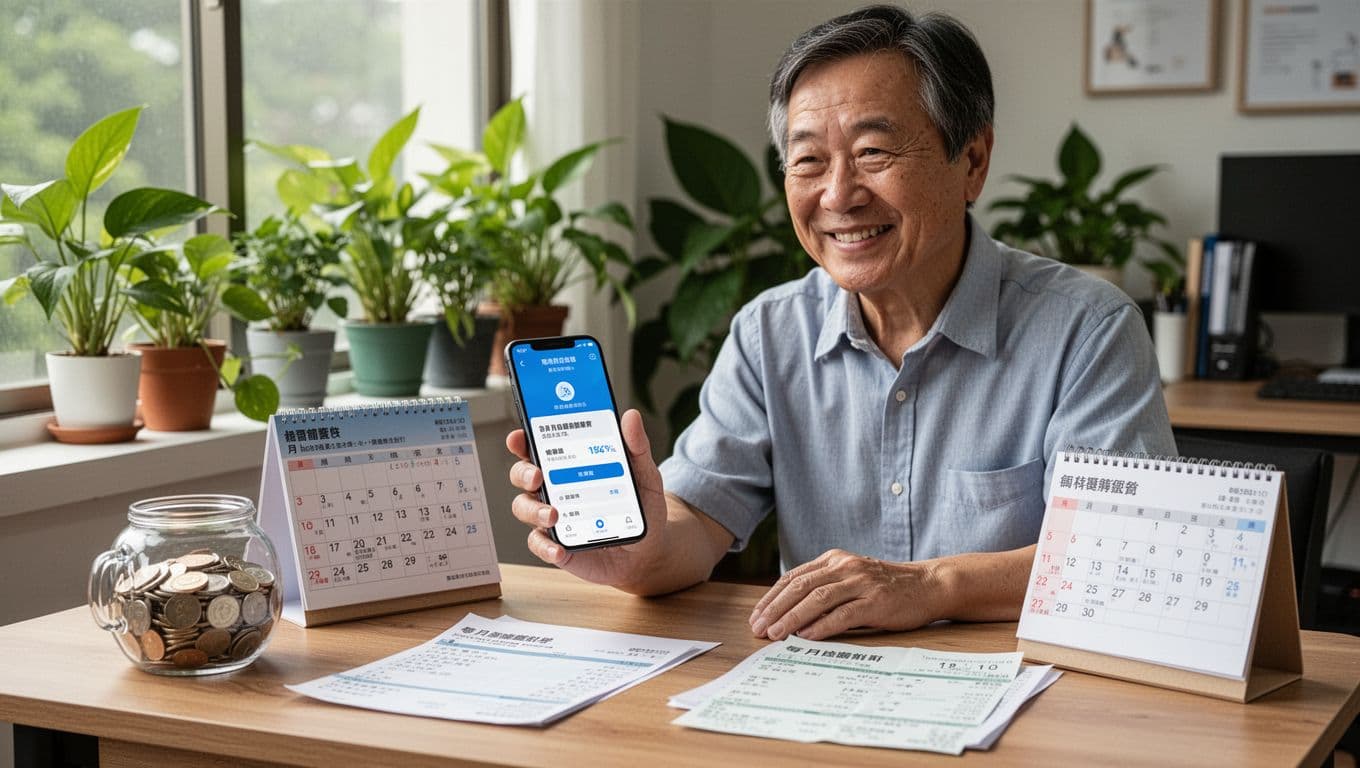 A confident middle-aged tutor uses a mobile banking app to set up a monthly automatic savings plan, deducting 10% from hourly tutoring fees, with a piggy bank, calendar, and payslip on the home office desk amid soft natural light and green plants.