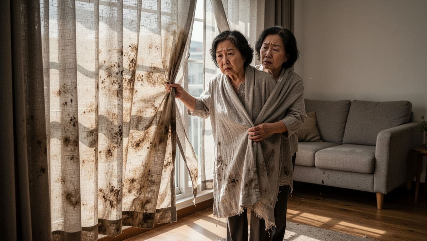 A middle-aged woman in her living room pulls open custom curtains, revealing severe fading, mottled discoloration, and wrinkles, her face showing disappointment as sunlight highlights the fabric damage in a realistic photography style.