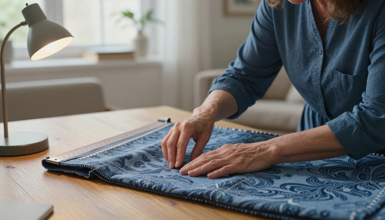 訂製窗簾報價要不要含到貨檢查?品質確認全指南 A middle-aged woman carefully inspects a new custom blue floral curtain on a wooden table in her living room, touching the fabric with her right hand and measuring dimensions with a ruler in her left, under a desk lamp, with focus on hands and fabric details in a realistic style with warm natural light.