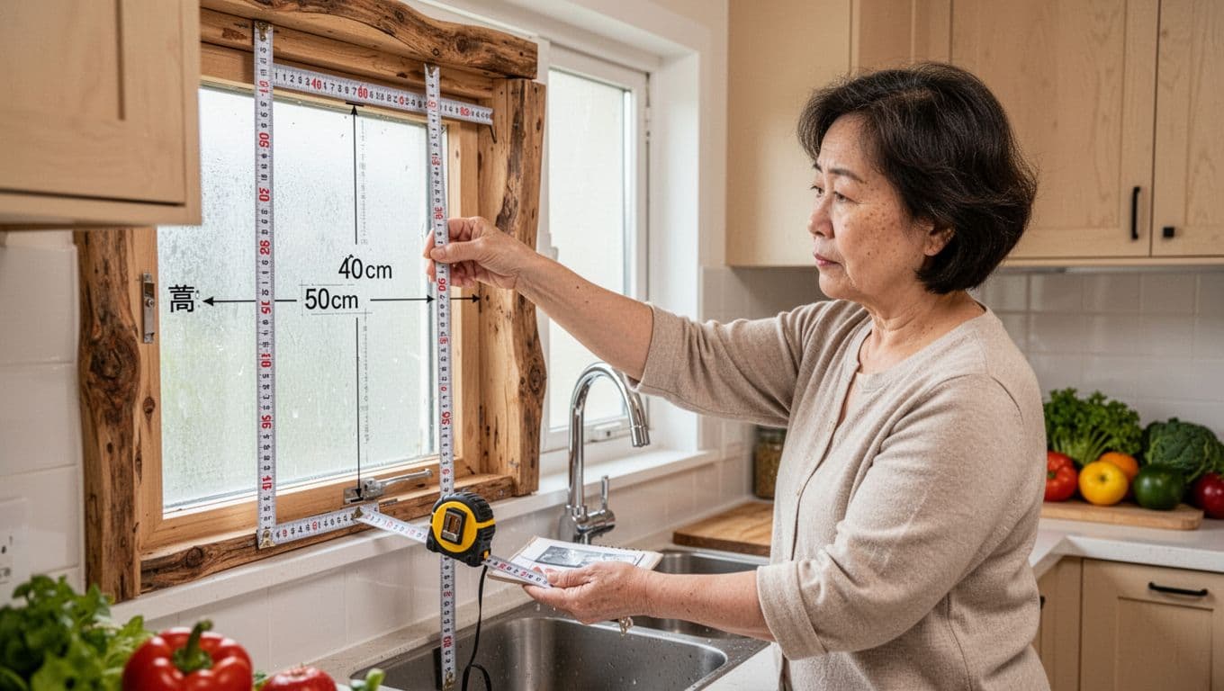 A middle-aged woman in a bright kitchen carefully measures a small irregular wooden window using a tape measure, noting the width and height over a sink with vegetables nearby.