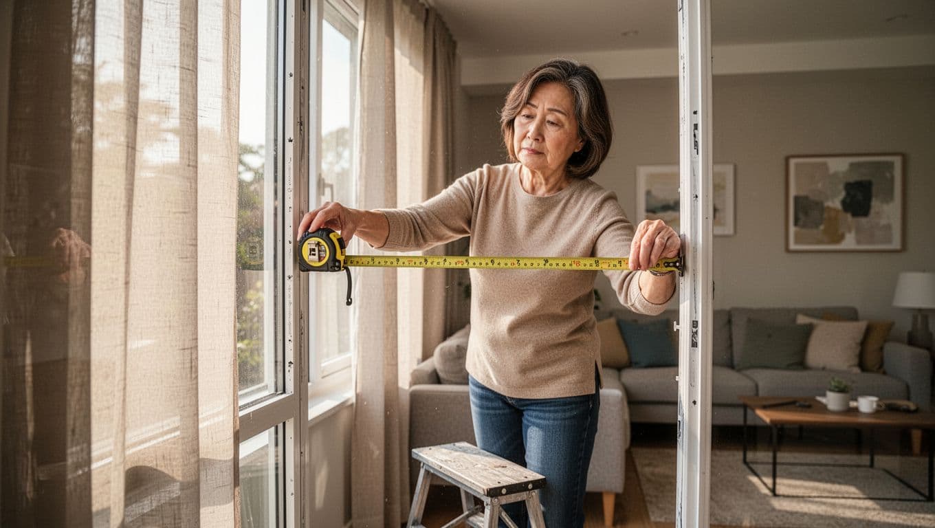 訂製窗簾不想花冤枉錢,報價前要先準備什麼 A middle-aged woman stands on a stool in a modern living room, carefully measuring the inside width of a window frame with a tape measure pulled straight across. Sunlight streams through half-open curtains, creating a warm, realistic scene with high detail and focused expression.