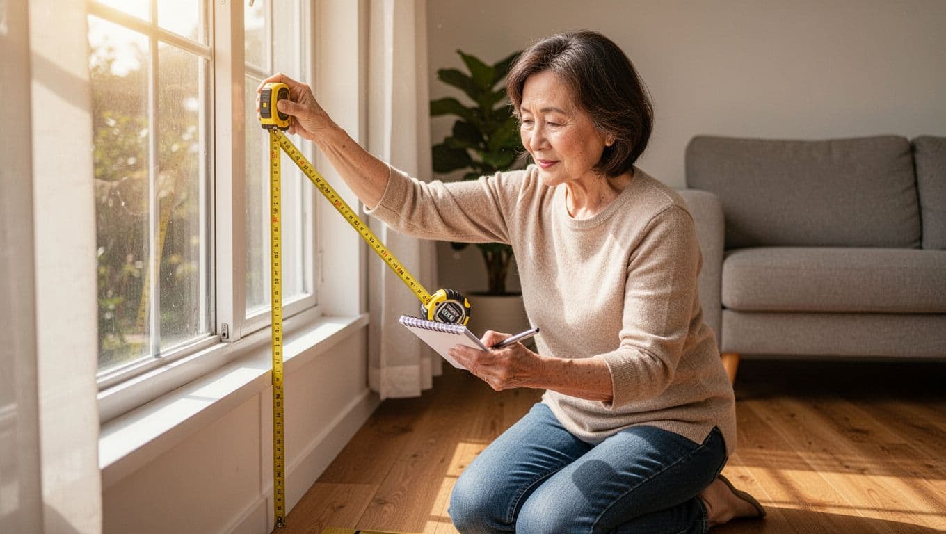 A middle-aged woman kneels in a cozy modern living room, precisely measuring the window's width and height with a yellow tape measure while noting dimensions in a notebook. Warm morning sunlight streams in, highlighting the scene with soft natural light and a bright mood.