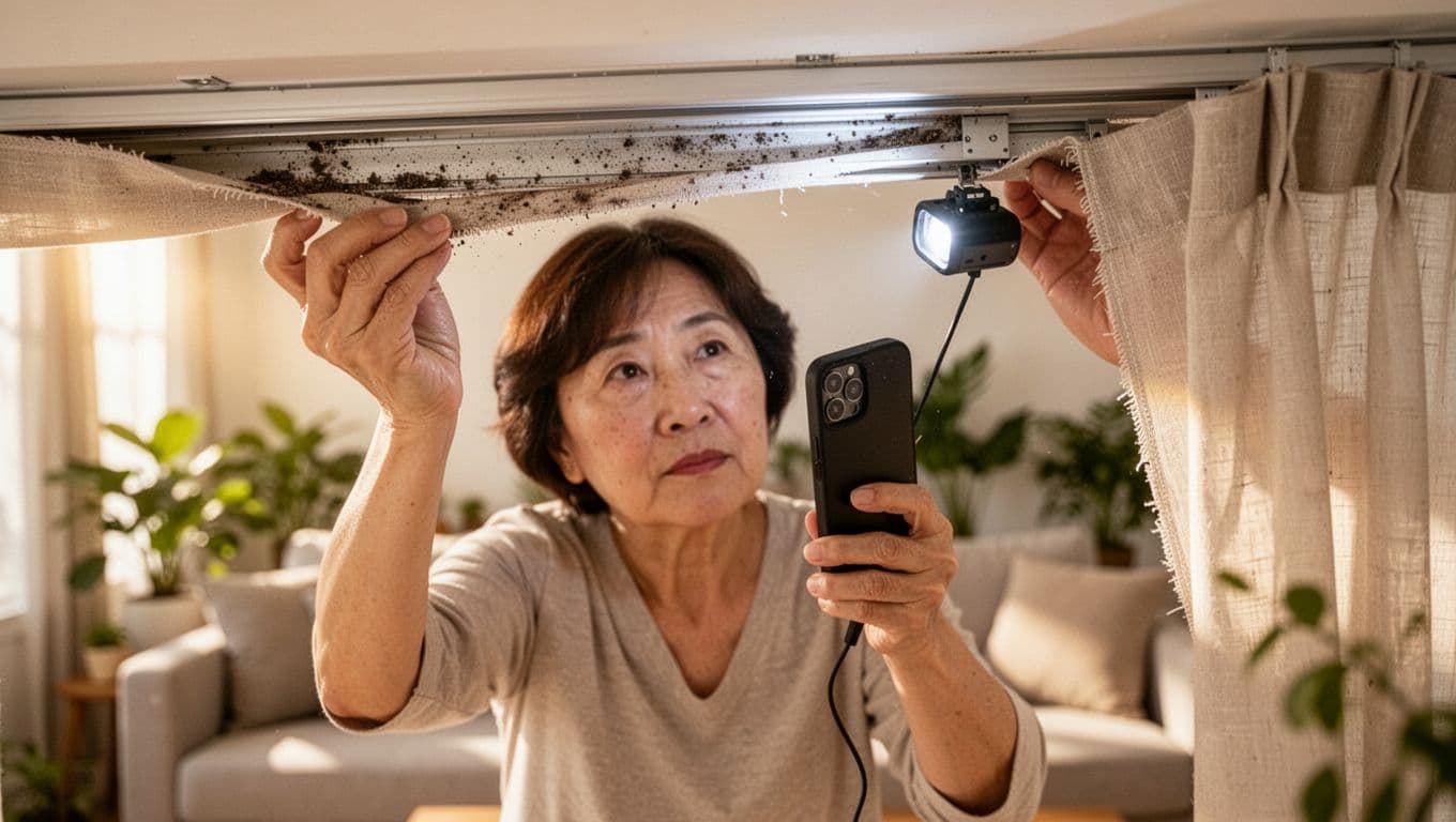 一位中年女性在家客廳天花板下，小心拆下舊窗簾布料，露出軌道內部，仔細觀察軌槽內積塵和小刮痕，軌道金屬表面有輕微灰塵但無嚴重損壞，她的手輕握布邊另一手持手機燈照亮軌道，前景清晰顯示拆卸過程和軌道細節，背景柔焦沙發綠植陽光灑入，明亮溫馨氛圍。