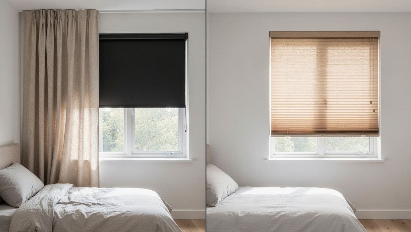 訂製窗簾不同房間要花多少?客廳臥室書房估算全指南 Split-view comparison in a minimalist bedroom: left side with traditional fabric curtains, center with roller blackout shades rolled up, right with honeycomb shades partially lowered for soft light.