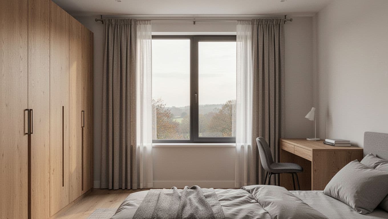Photorealistic minimalist modern bedroom with a large window flanked by tall wardrobe on left and desk with chair on right, both close to window edges. Empty curtain track above emphasizes narrow space for curtain fabric to stack fully without hitting furniture, soft morning light, no people or curtains.